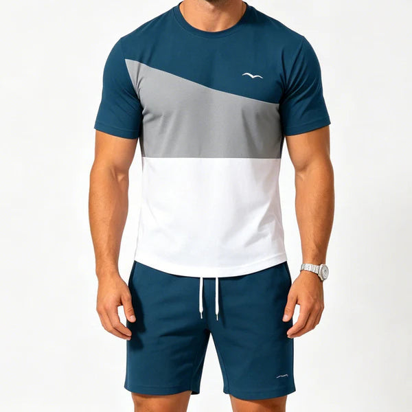 👕🎨 Férfi színátmenetes póló és rövidnadrág szett –🏖️ Stílusos nyári viselet, amellyel azonnal feltűnő leszel 🌬️